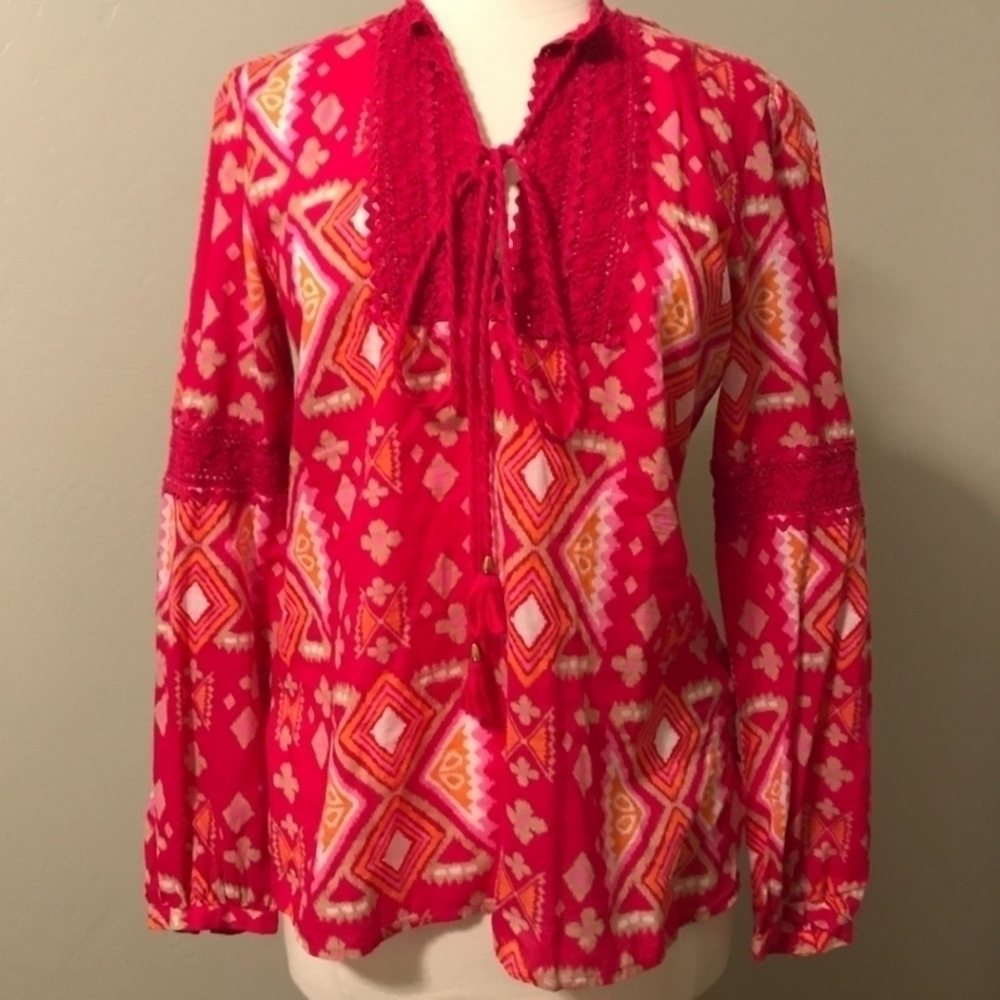 Tory Burch Crochet Tunic Top Tassels Pink Orange Women's 6 V-Neck 100% Cotton - Picture 2 of 9